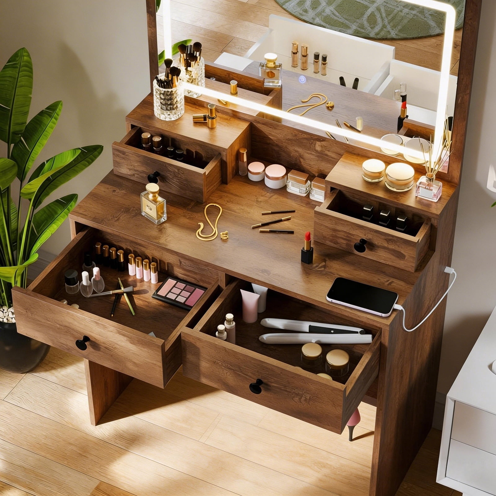 Haewon 35" Vanity Desk with Mirror, LED Light, Power Outlet, Makeup Vanity with Storage Cabinet and Foldable Panel, Vanity Set with Cushioned Stool, Brown