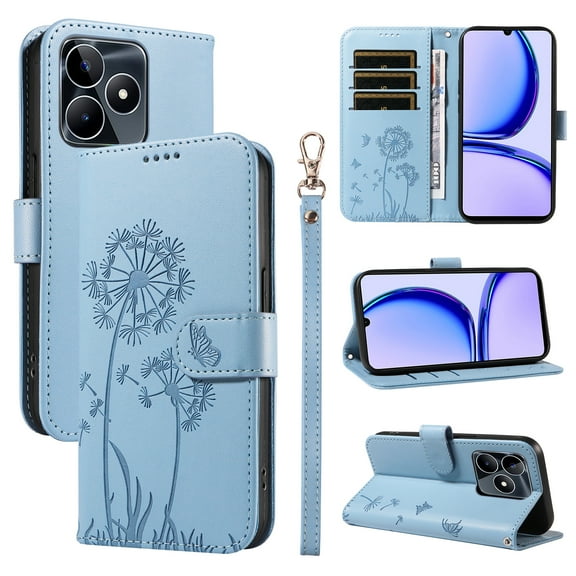 Flip Phone Case for Realme C53, Kickstand and 3 Card Slots, Shockproof and Scratch Resistant, Sky Blue