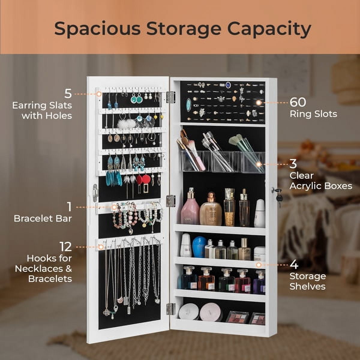 Whole Surface PVC Film Wall-Mounted Jewelry Cabinet With Mirror & Lock Large Storage For Accessories White