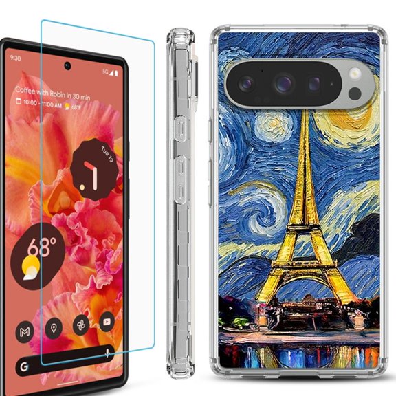 For Google Pixel 9 / 9 Pro Phone Case Cover, Shockproof Bumper Case with Tempered Glass Screen Protector, by OneToughShield - Starry Night Eiffel
