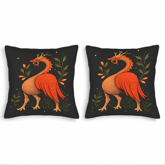 Set of 2 18x18in Throw Pillow Covers - Vibrant Phoenix Design with Orange - Red Feathers & Green Leaves Perfect for Couch Bed or Car