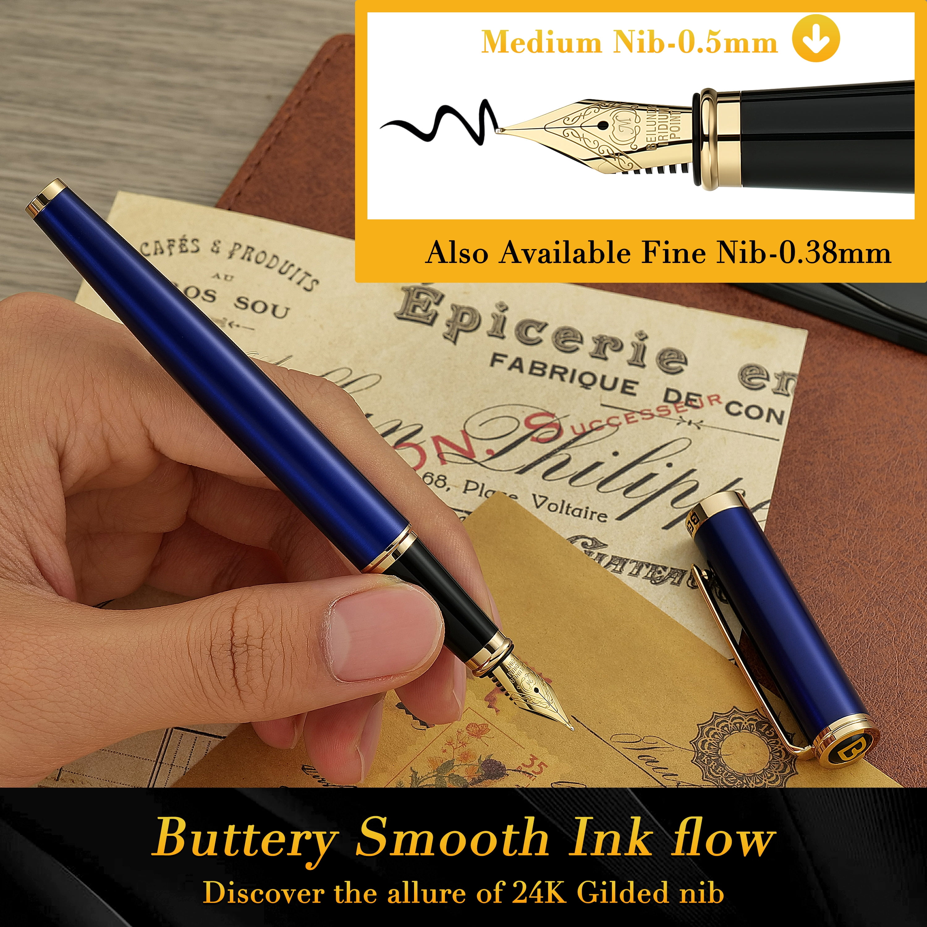 BEILUNER Blue Fountain Pen,Stunning Luxury Pen,24K Gilded Nib(Medium),Gorgeous 24K Gold Finish,German Schneider Ink Converter,Trustworthy Pen Gift for Men&Women-Elegant, Reliable,Nice Pen for Writing