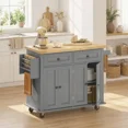 thumbnail image 5 of Kitchen Island Cart with Rubber Wood Top, Rolling Kitchen Island Table with Drawers, Adjustable Shelves, Spice Rack & Towel Rack — Gray, 5 of 6