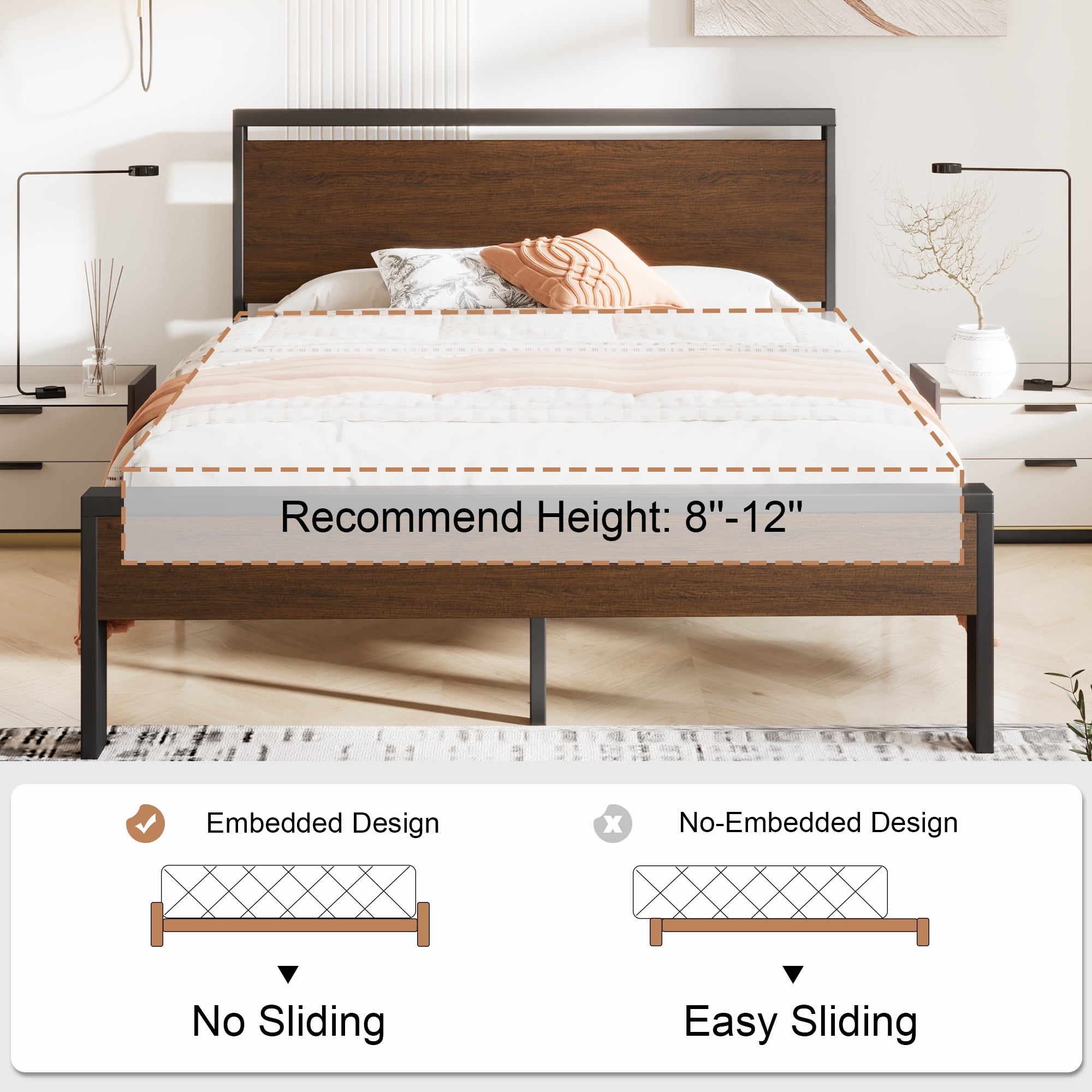 Sha Cerlin Walnut Queen Size Metal Platform Bed Frame with Wooden Headboard & Footboard, Adult