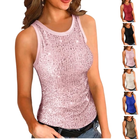 Trendy Women's Sequin Crop Tank Crew Neck Sleeveless Slim Fit Sparkle Shimmer Vest, Summer Casual Club Party Going Out Blouse,Pink L