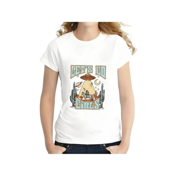 Camisetas para mujer Verano manga corta Tops para DeportesSummer Casual Short Sleeve T-Shirt for Women with Cartoon UFO and Cactus Print, Polyester Knit Fabric, Round Neck, Regular FitFather's Day,