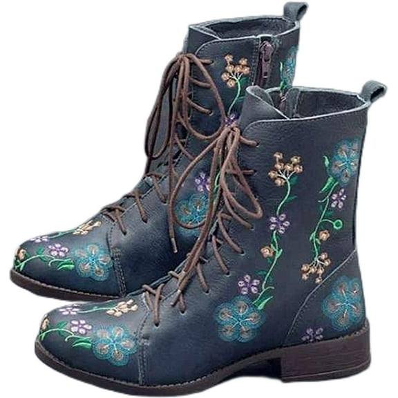 Women's Vintage Embroidered Ankle Boots - Retro Chunky Heel Booties with Side Zip