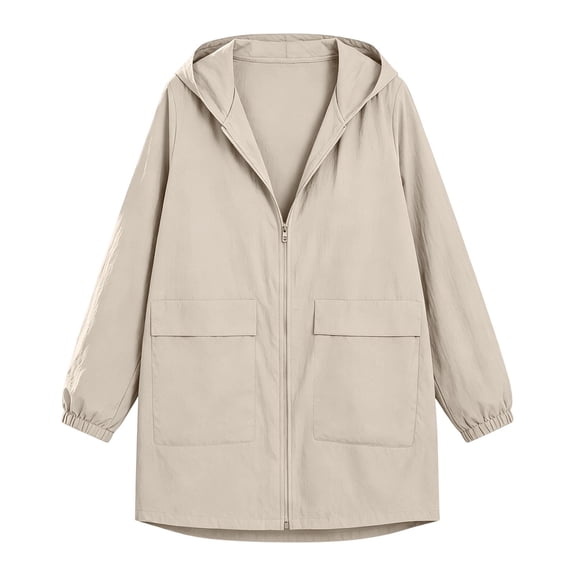 Vinsonshop Women's Raincoats Lightweight Waterproof Windproof Adjustable Windbreaker Rain Jackets Hooded with Pockets Beige L