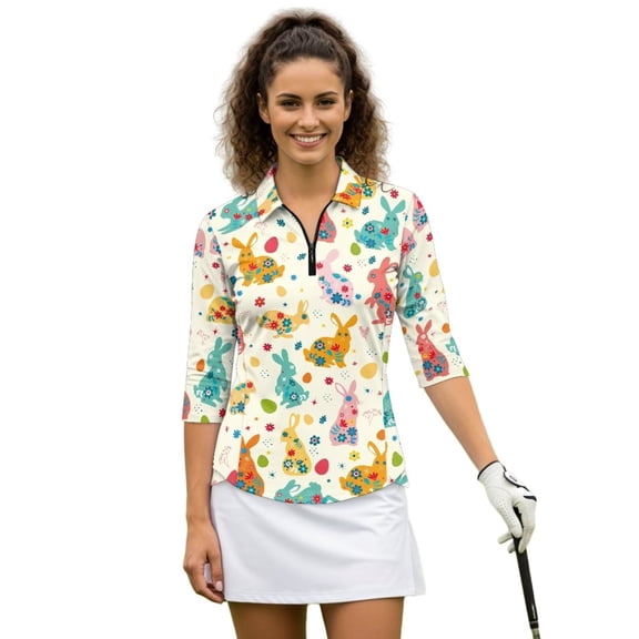 Uorisanigo Colorful Easter Bunny Women's Golf Shirt Versatile Moisture Wicking Casual Tennis Activewear Comfortable Breathable 3/4 Sleeve Athletic Tops with Zip Up Collar for Women