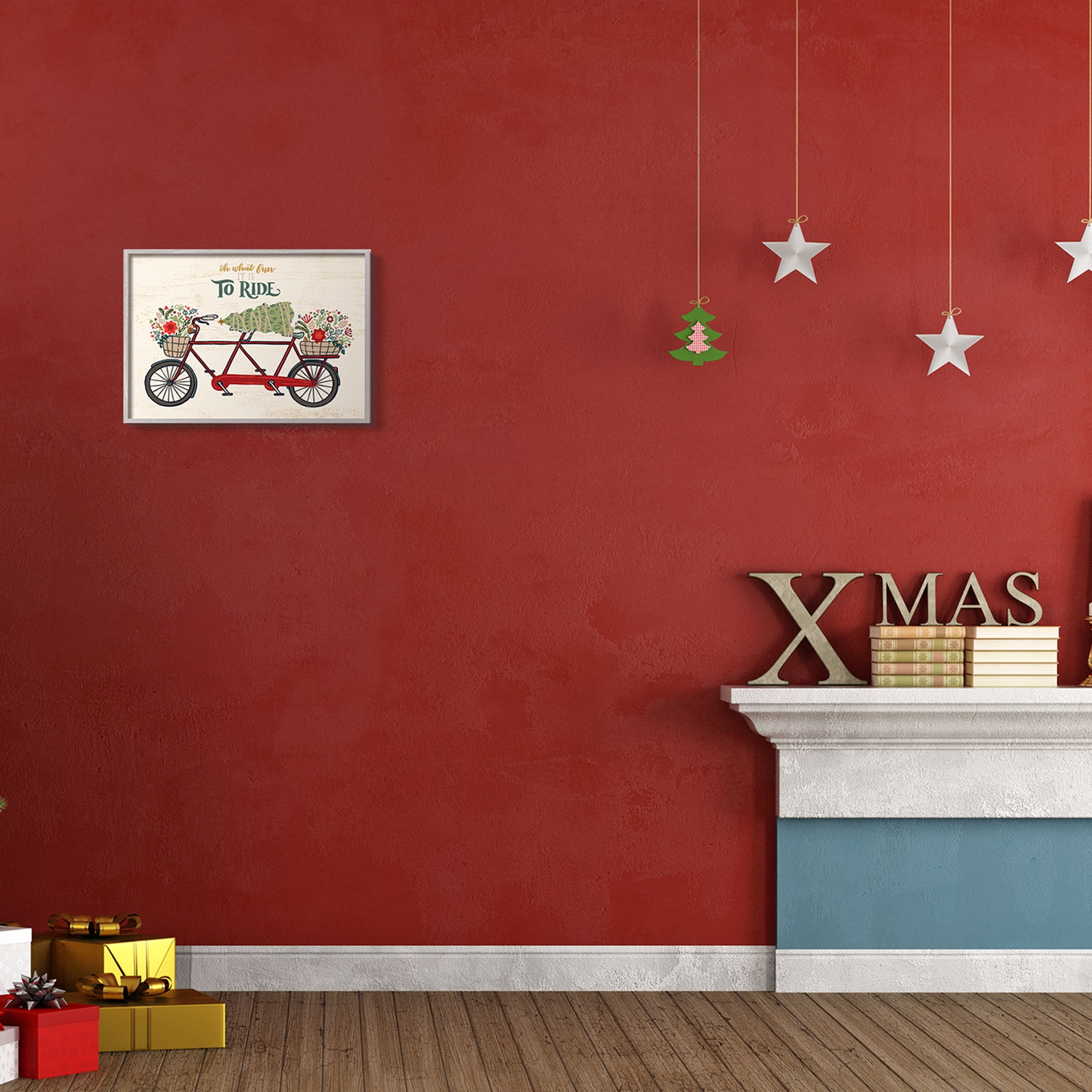 Stupell Industries Oh What Fun Christmas Sentiments Red Tandem Bicycle Transportation Painting Gray Framed Art Print Wall Art, 11 x 14