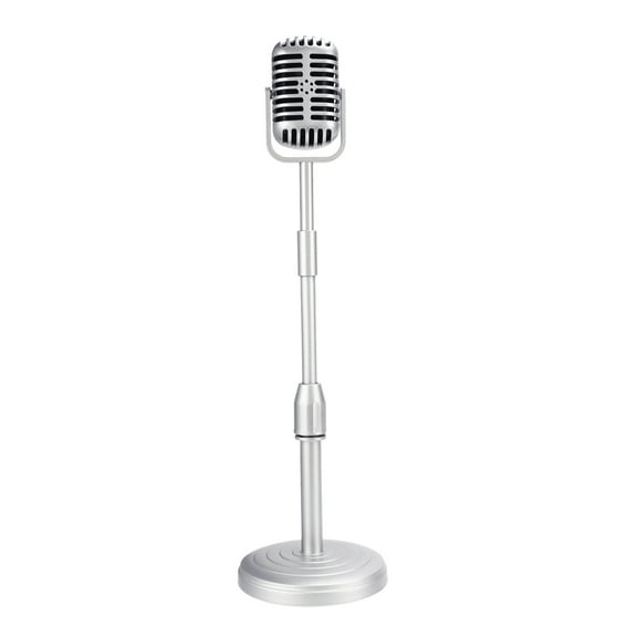 Vintage Desktop Microphone Prop Model with Adjustable Height, Classic Retro Style Stand Fake Mic Prop,Silver