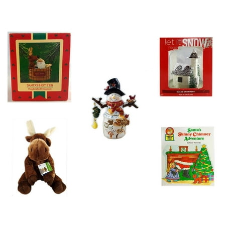 Christmas Fun Gift Bundle [5 Piece] - Hallmark  Tree Ornament Santa's Hot Tub - Let It Snow Glass Ornament Church - Snowman Tealight Cover - Soft & Cuddly  Moose  14