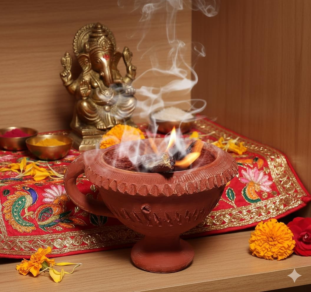 Clay Dhoop Burner/Incense Holder with Handle – Traditional Mitti Loban Dan for Pooja, Hawan & Aromatherapy
