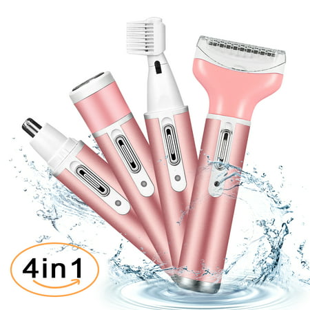 Electric Women Shaver Rechargeable Razor 4 in 1 Painless Epilator, Waterproof Body Hair Remover Lady Grooming Set Face Facial Removal Nose Hair Beard Eyebrow Trimmer Bikini Armpit Leg Groomer (Best Rechargeable Bikini Trimmer)