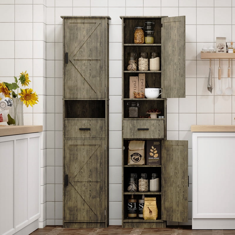 69"H Bathroom Storage Cabinet,Narrow Floor Cabinet with 2 Barn Doors, 1 Drawer & Adjustable Shelves