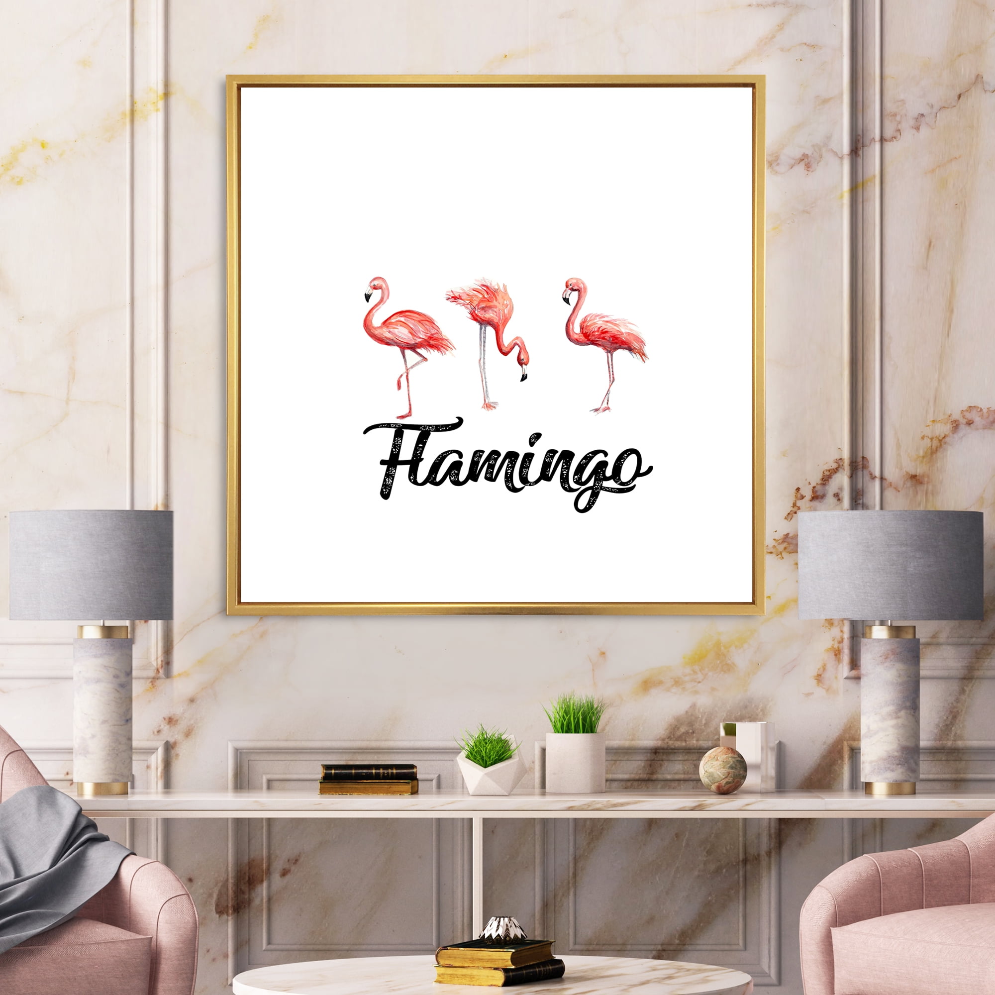 Designart 'Three Flamingos On White' Farmhouse Framed Canvas Wall Art Print