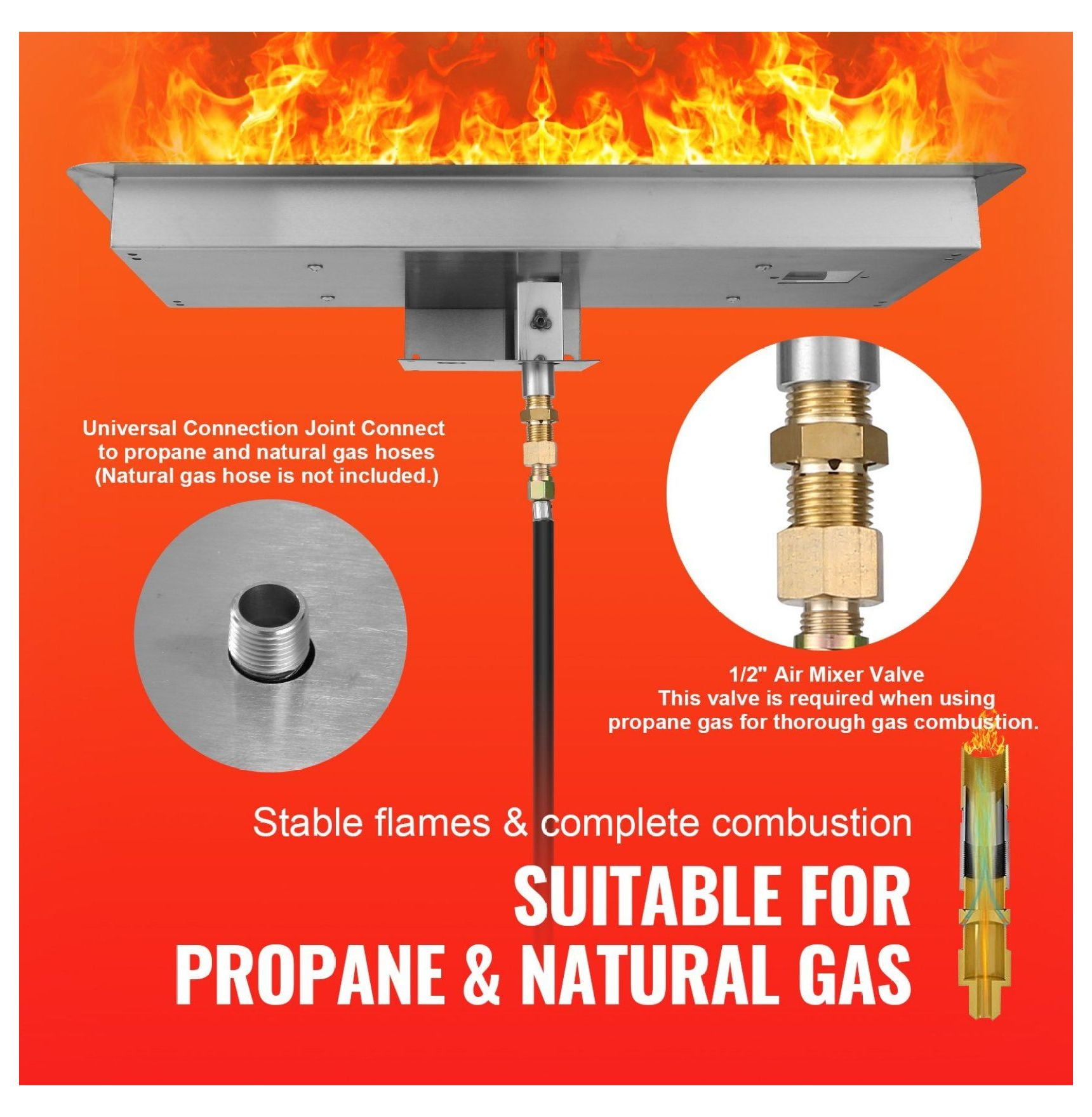 36" Drop-In Fire Pit Pan, Stainless Steel Burner Kit - 150,000 BTU, Natural & Propane Gas - Indoor/Outdoor Use with 12 Accessories