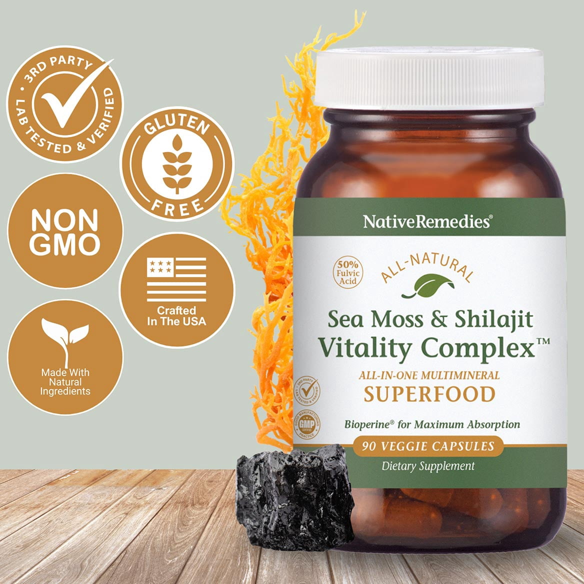 Native Remedies Sea Moss & Shilajit Complex  - Natural Energy & Immune Blend with Irish Sea Moss Himalayan Shilajit Ashwagandha & Vitamin D3 - Daily Multimineral for Men & Women - 90 Capsules