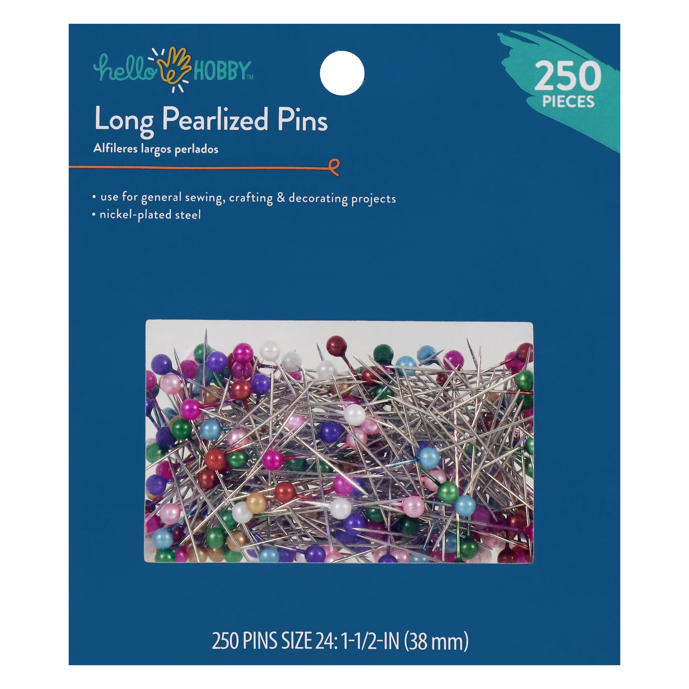 (2 pack) Hello Hobby Size 24 Long Pearlized Head Steel Pins, Assorted Colors, 250 Count
