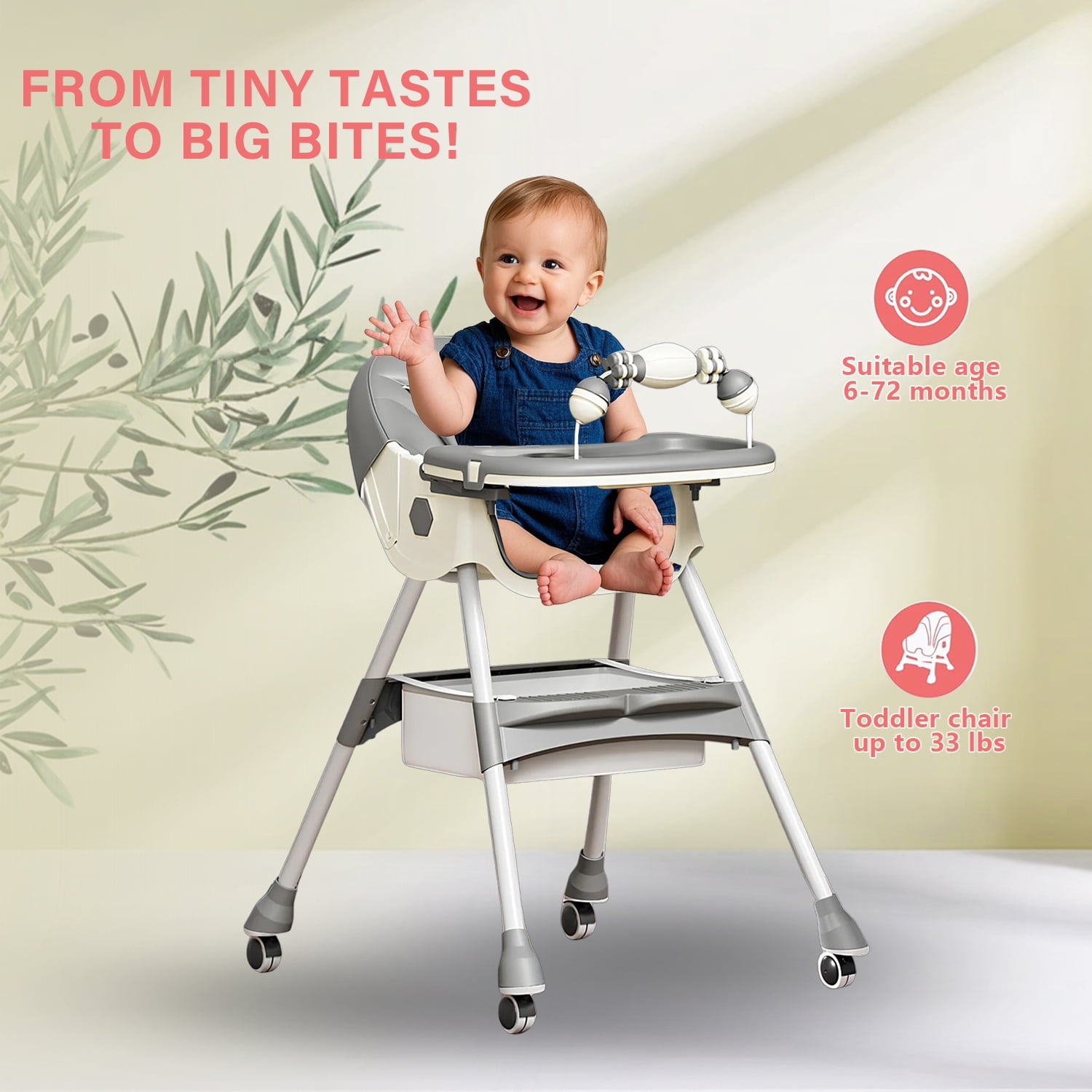 BEJOLO Baby High Chair, 4-in-1 Foldable Highchair Dining Feeding Chair with Double Dining Plate & Toy Rack, Infant to Toddler, Gray
