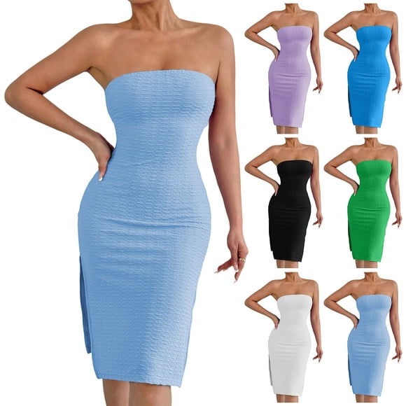 YFNNUP Womens Strapless Dress Slim Fit Bodycon Mini Dresses Trendy Textured Sundress Summer Cocktail Party Club Sundress Light Blue XS
