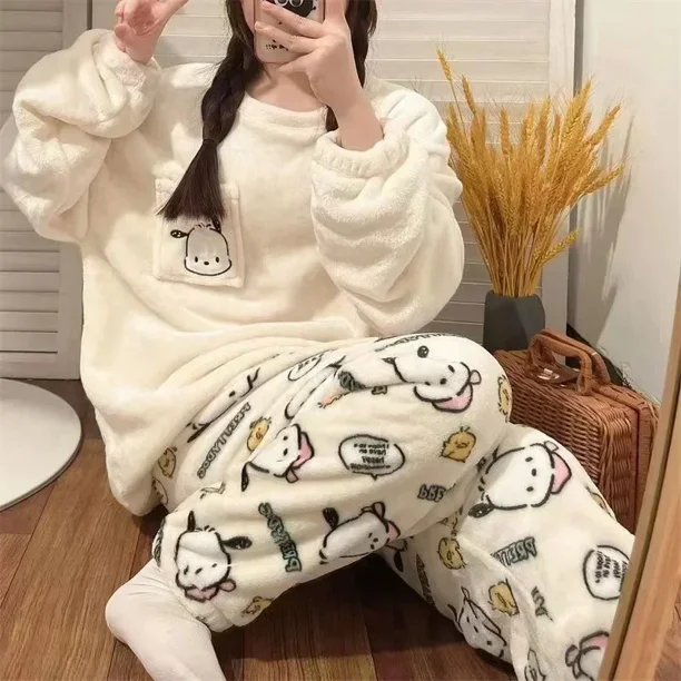 Sanrio Anime Cinnamoroll Clothes Kawaii Kuromi My Melody Flannel Pullover Coral Velvet Winter Thick Casual Loose Girl Gifts