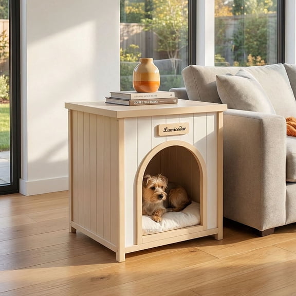 S-HOME Lumicedar 53x51.6x60 cm Yellow Pet House in Cream Color Flat Roof Style FSC Solid Wood Indoor Shelter for Small Pets