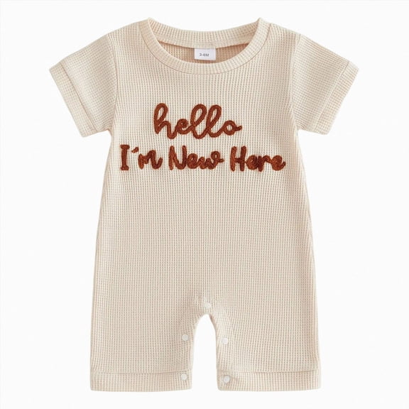 Duqingm Newborn Baby Boy Summer Outfit Romper Hello I'm New Here Letter Embroidery Short Sleeve Jumpsuit Bodysuit Cute Infant Waffle Clothes(Beige,Preemie)