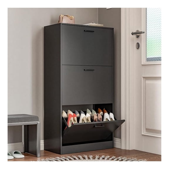 Sunshen Shoe Cabinet with 3 Flip Drawers, Narrow Freestanding Shoe Organizer, Hidden Slim Shoe Storage Cabinet for Entryway, Hallway, Living Room, Black