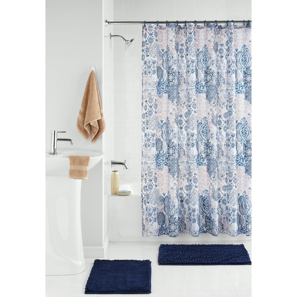 Mainstays Bode Damask Polyester Shower Curtain Bath Set, White/Blue, 15