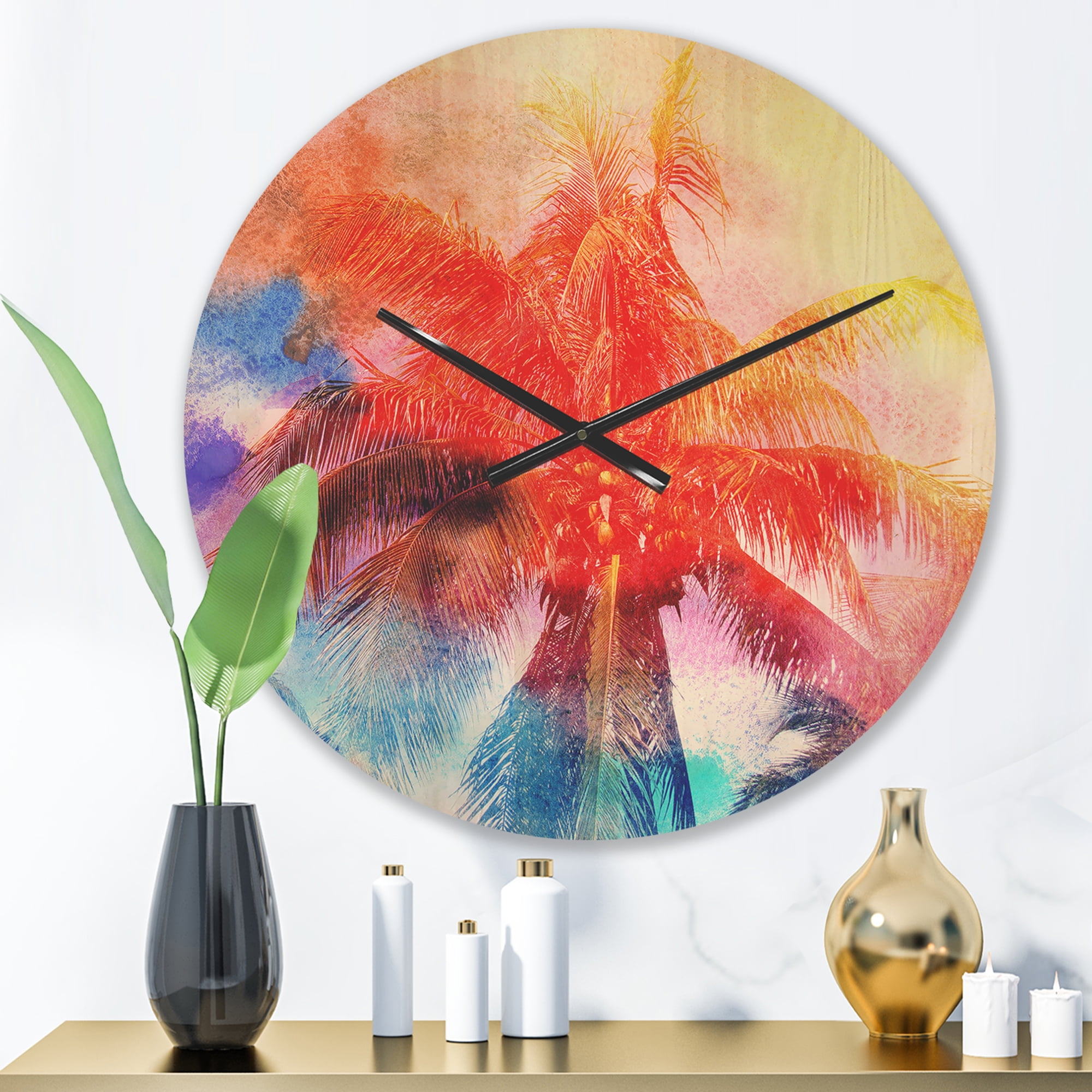 Designart 'Red Watercolor Retro Palms' Modern Wood Wall Clock