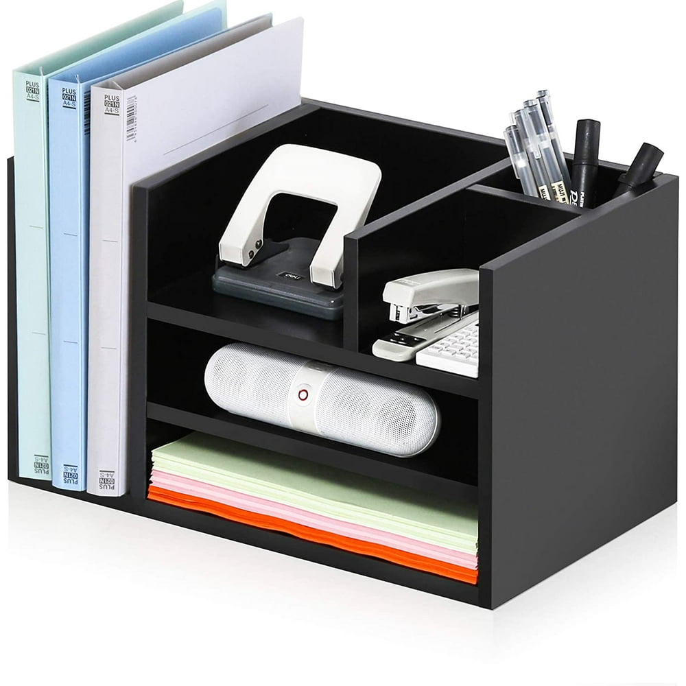 FITUEYES Black Wood Desk Organizer Workspace Organizers with 6