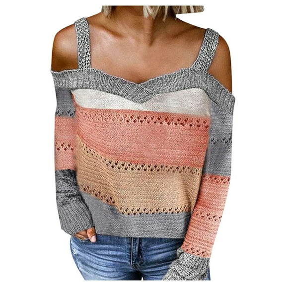 LYXSSBYX V-Neck Long Sleeve Sweater Tops Hot Sale Clearance for Women Autumn Fashion V-Neck Long Sleeve Cold Shoulder Knit Sweater Hoodies