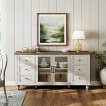 Antique White Glass Door TV Stand for TVs up to 65", Farmhouse Television Stands for Living Room