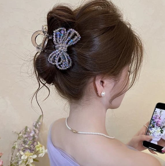 Blue Bow-Shaped Shark Clip - Strong Grip Hair Claw for All Hair Types, Elegant Design for Daily Use, Work, and Date Night