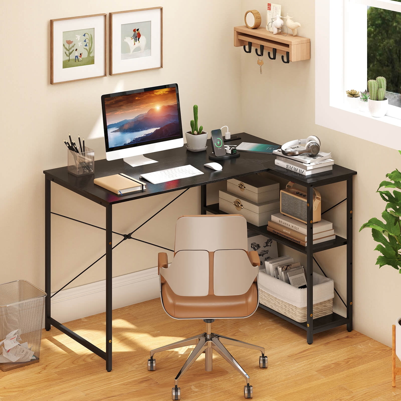Costway L-Shaped Computer Desk with Power Outlets Adjustable shelf Heavy-Duty Metal Frame Black