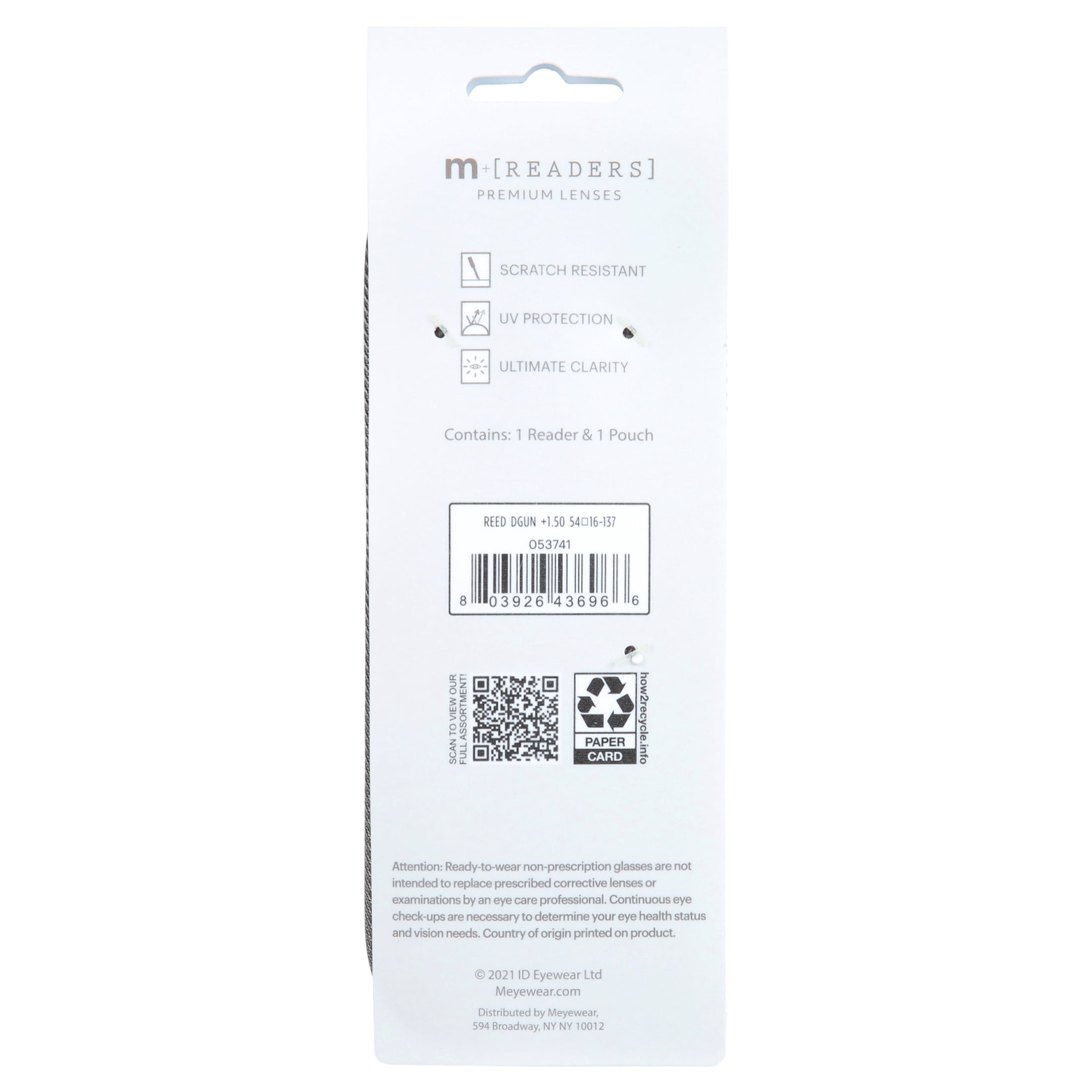 M Readers Men's Reed +1.50 Rectangle Reading Glasses with Case, Dark Gunmetal