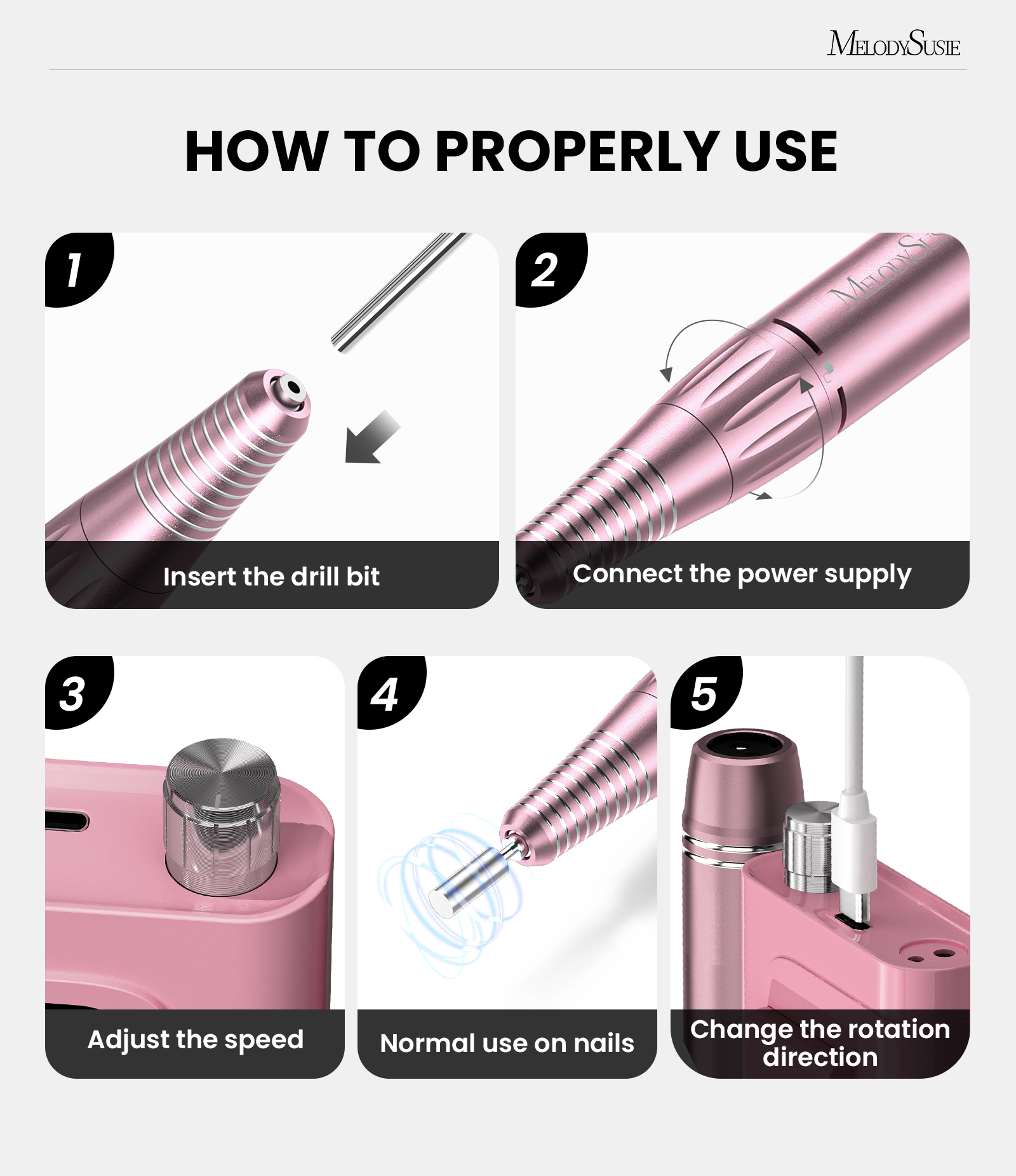 MelodySusie SC300E Clip-On Cordless Nail Drill, 30000 RPM, Pink photo 2