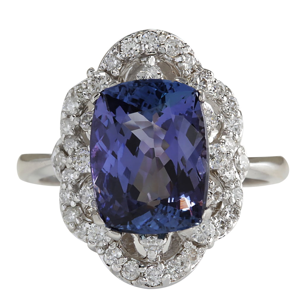 4.75CTW Natural Blue Tanzanite And Diamond Ring 14K Solid White Gold by