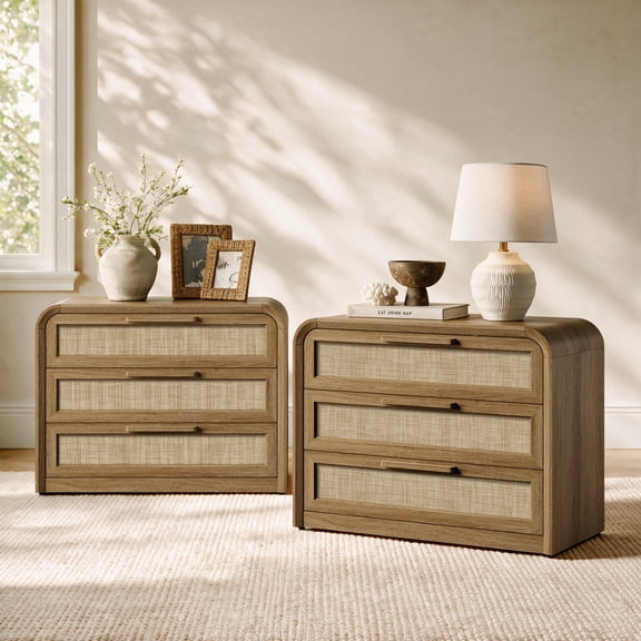 Vintagearth 30"W Nightstand Set of 2, Curved FSC-certified 1.18“ Thick Bedside Table, Mid‑Century Rattan End Table for Bedroom Living Room, 3 Drawers, Natural Oak