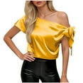 thumbnail image 2 of Hfnxid Women's Summer Top Off Shoulder Silk Tops Casual Lightweight Short Sleeve Shirt Asymmetrical Neck Satin Office Blouse Yellow S, 2 of 7