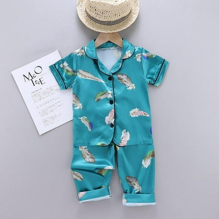 

Summer Baby Kids Boys Girls Feather Print Sleepwear Set Short Sleeve Blouse tops sleep Pants