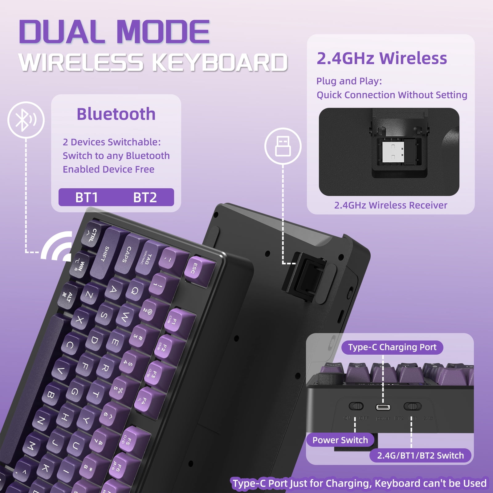 FREEWOLF M96 Wireless Gaming Keyboard Creamy Membrane with Rainbow Backlight,Media Knob,LCD Screen,Dual Mode-Bluetooth/2.4Ghz,Ball Shape PBT Keycap 94 Key...