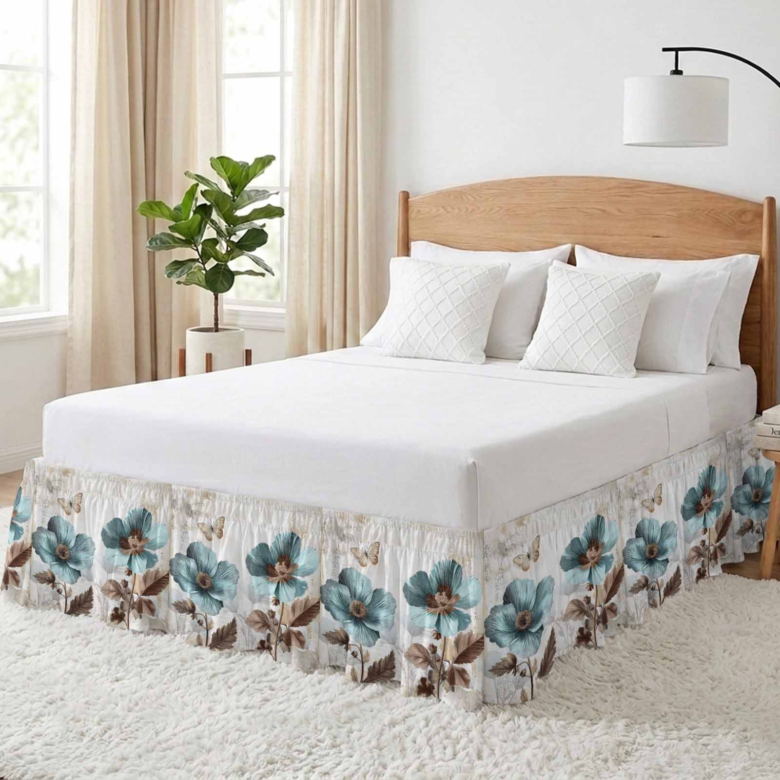 Vintage Flowers Bed Skirt Queen Size 18 Inch Drop, Adjustable & Elastic Wrap Around Bed Skirts Pleated Luxury Dust Ruffles For Twin Full Queen Cal King Base Beds, Teal Blue Floral Nature Butterfly