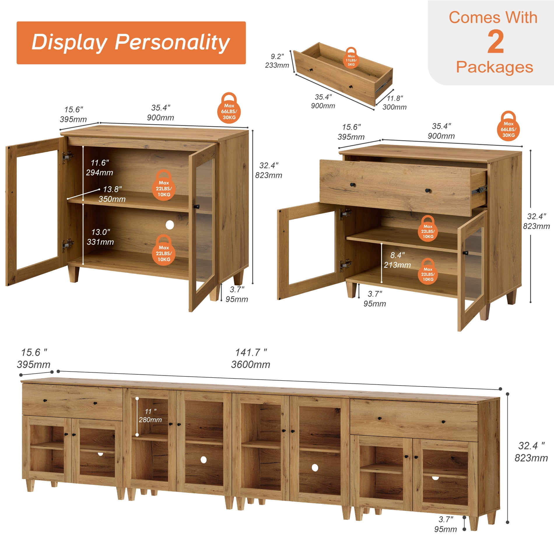 Modern Glass‑Door Combo Dresser, Bedroom Modular Organizer – 2 Wide Drawers, 2 Adjustable Shelf & 2 Fixed Shelves, Anti‑Tip, Oak Brown, 142" W