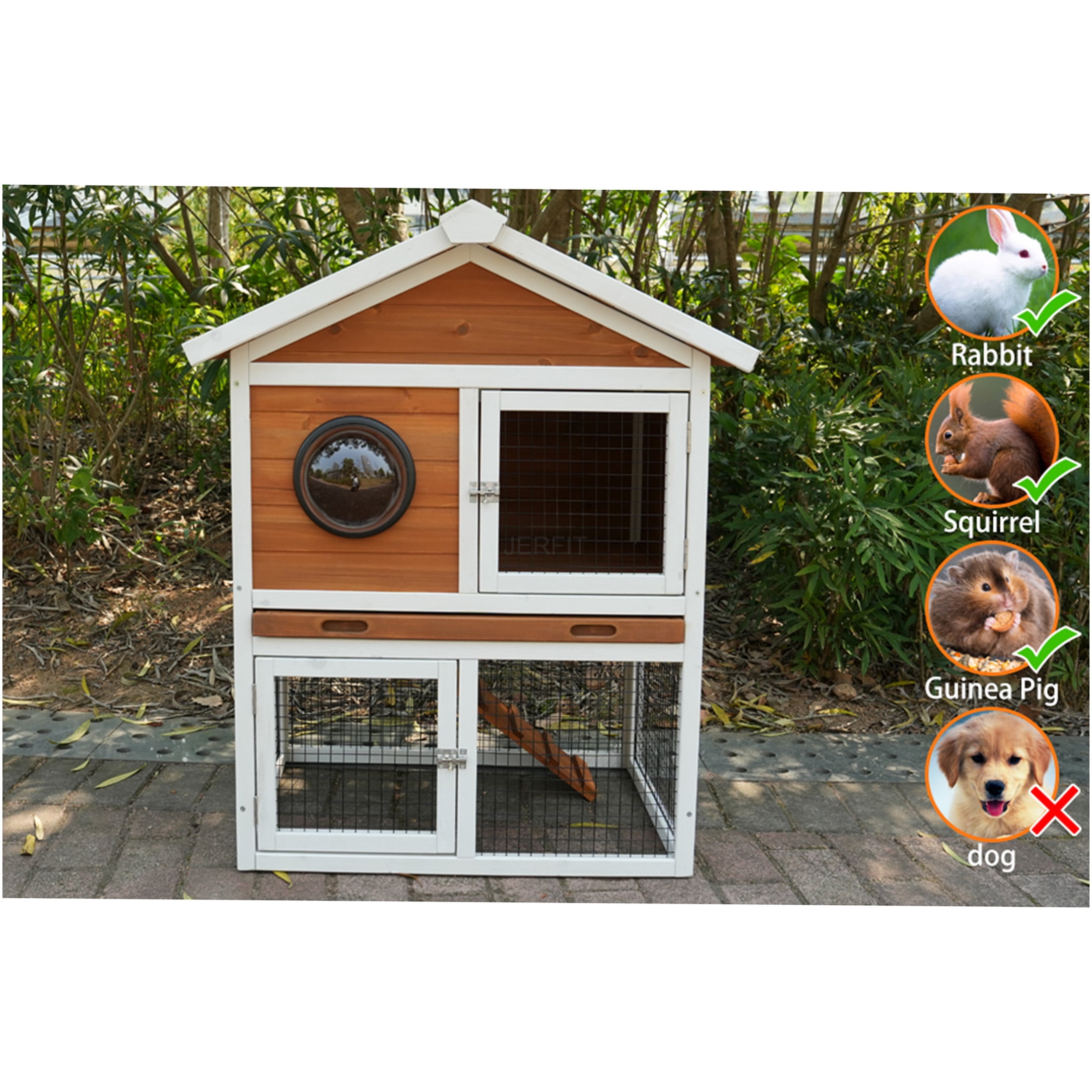JERFIT Outdoor Rabbit Hutch with Waterproof Roof, 2-Tier Wooden Bunny Cage with Pull-Out Tray & Ramp for Rabbits, Guinea Pigs, Small Animals