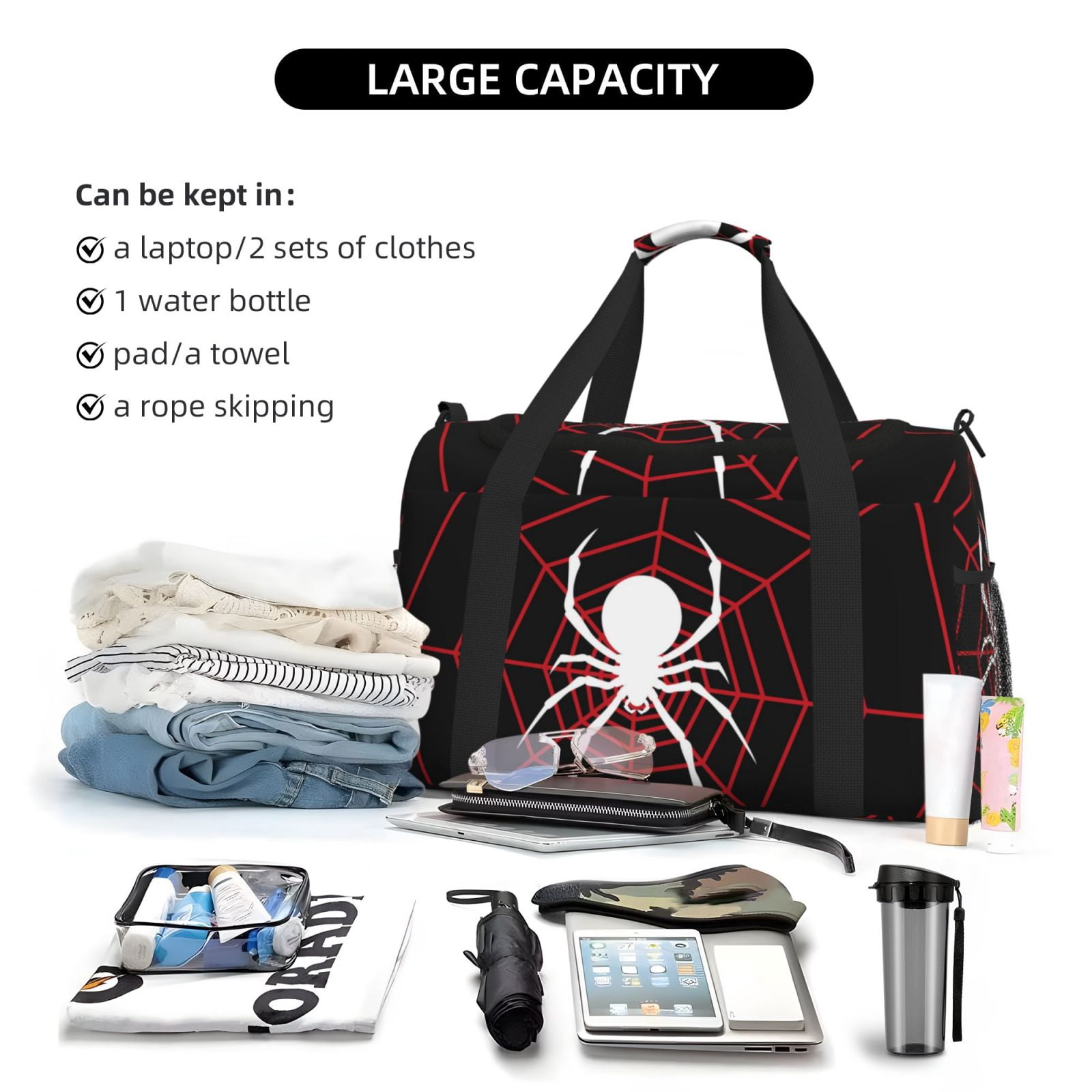 Horeoi Spider On The Web for Travel Duffle Bag with Adjustable Strap - Large Capacity Hand Carry for Gym Sports Outdoor