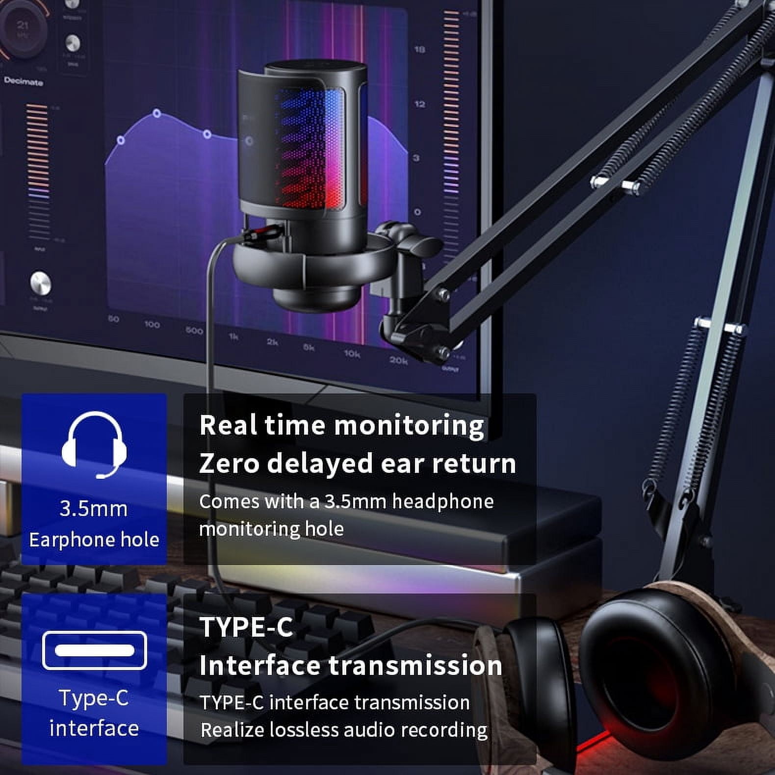 MRSXXNTY Gaming PC USB Microphone, Podcast Condenser Mic with Boom Arm, Pop Filter, Mute Button for Streaming, Twitch, Online Chat, RGB Computer Mic for PS4/5 PC Gamer Youtuber-AmpliGame A6T