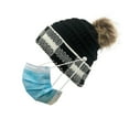 thumbnail image 3 of Dyfzdhu Women Plaid Stitching Outdoor Plush Hats Crochet Knit Button Beanie Cap Black, 3 of 5