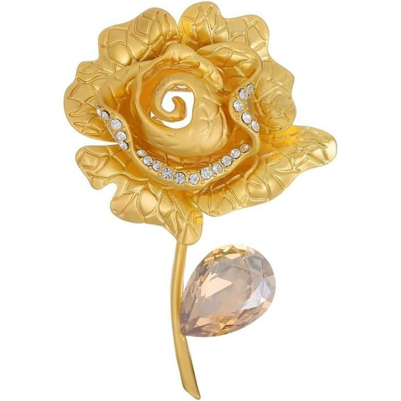 Rose Flower Brooch for Women 18K Gold Plated Cubic Zirconia Rhinestone Floral Pin Elegant Lapel Corsage for Suit Dress Hat Bag Wedding Party Banquet Boutonniere Mothers Valentine Jewelry Accessories